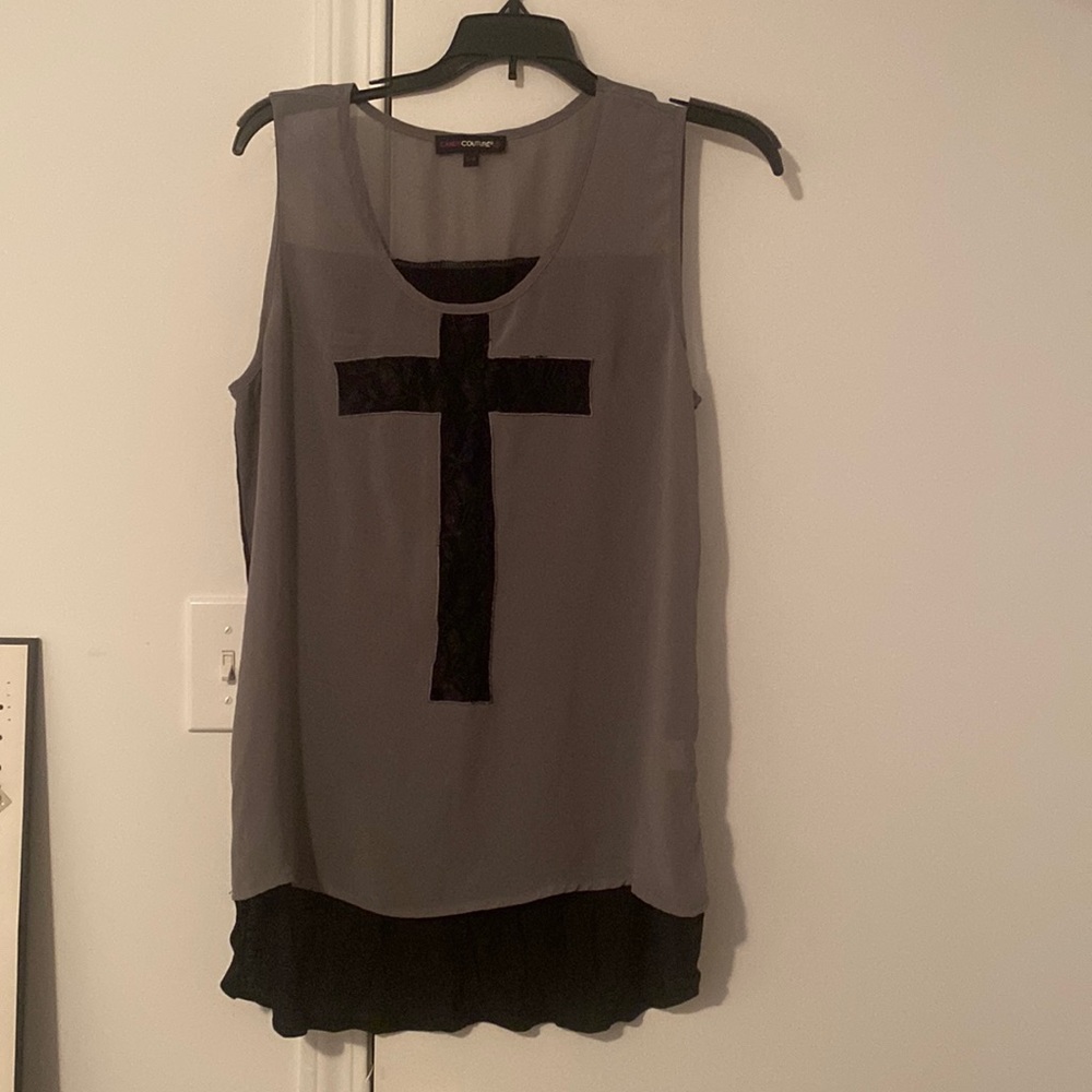 Sheer grey black cross lace top